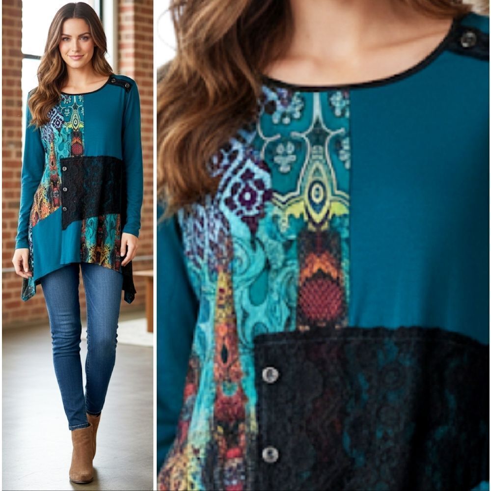 VTG Turquoise Multimedia Patchwork Long Sleeve Fa… - image 4